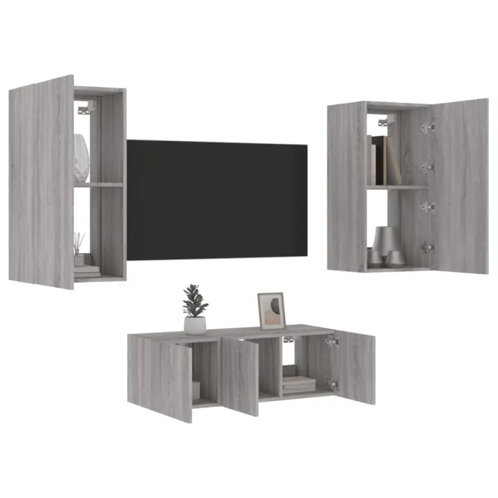 vidaXL Muebles TV pared con LED 4 pzas madera ingeniería gris Sonoma - 1