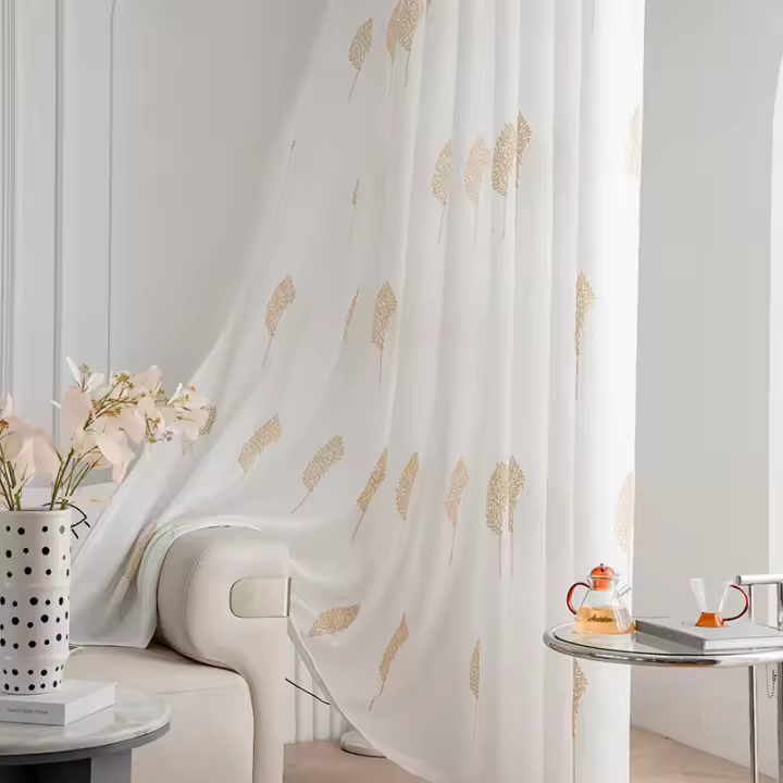 Cortina De Tela Sencilla Con Hojas Para Dormitorio Y Sala De Estar Cortina De Puerta Tejida En Tulle Transparente Para Ventana - 1