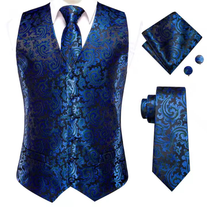 Chaleco De Seda Morado Para Hombre Con Pájaro Lírico Ajustado Cuello Alto Pañuelo Corbata Y Cufflinks Conjunto Vestimenta Sin Mangas Para Bodas Y Fiestas - 1