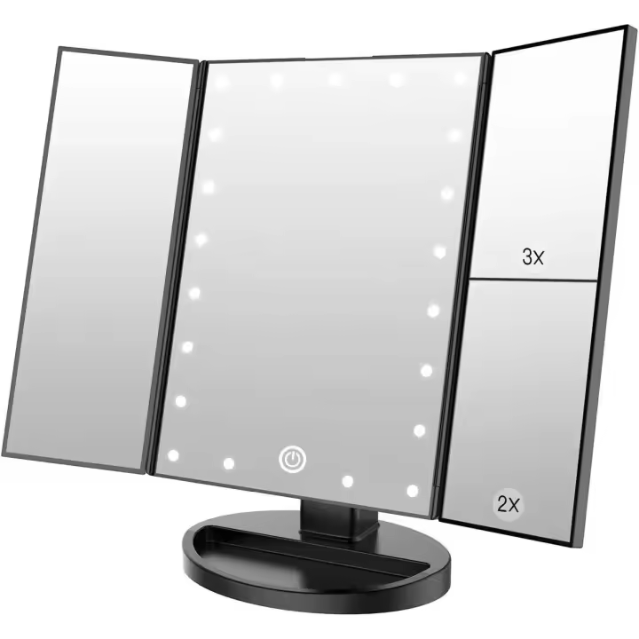Espejo de maquillaje iluminado con 21 luces LED, fuente de alimentación dual 2X/3X LED de aumento, brillo y ángulo ajustables (negro) - 1