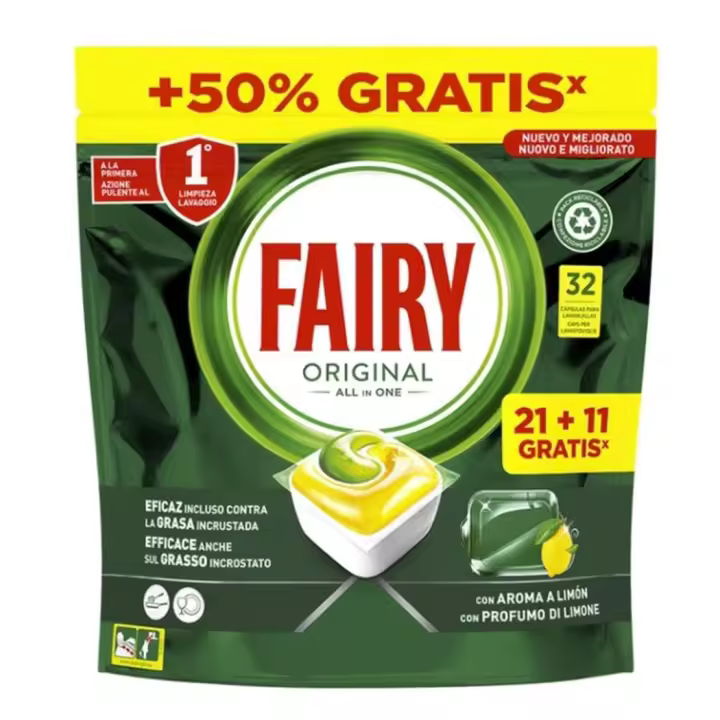 FAIRY Lavavajillas en cápsulas formato 21+11 dosis, marca 1 en limpiezas, aroma limón - 1