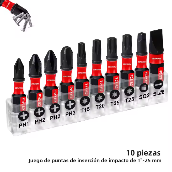 Set De Puntas De Destornillador Geinxurn 1 Pulgada S2 Acero De Aleación Con Inserto Magnético (PH1 PH2 PH2 PH3 T15 T20 T25 T25 SQ2 SL#8) Con Mango - 1