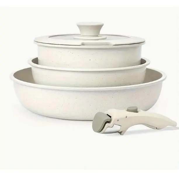 5pcs White Nonstick Cookware Set with Detachable Handles - Stackable, Oven Safe Pots & Pans for Camping and Home Kitchen - 1