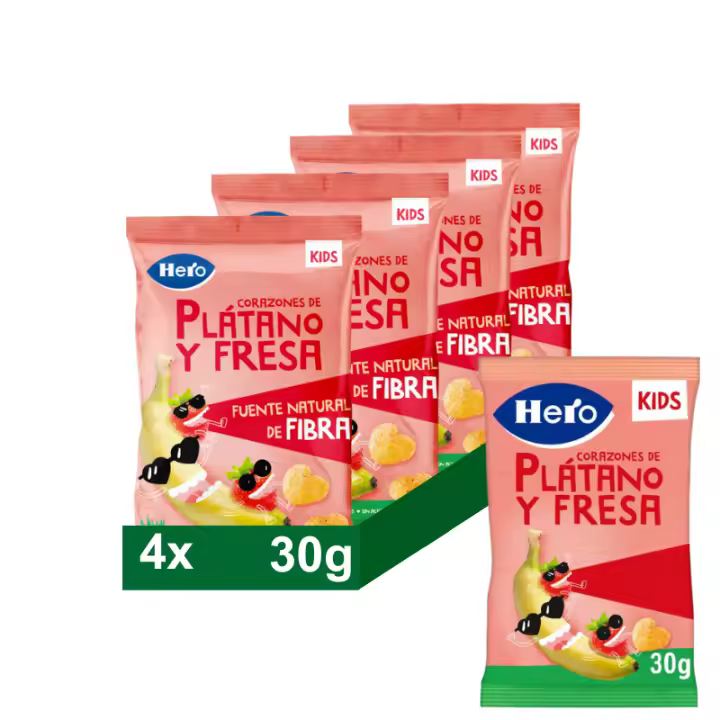 Snacks de maiz Hero Kids, Corazones plátano y fresa, 4 x 30g - 1