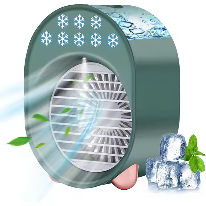 PORCHEDDU Aire acondicionado portátil, aire acondicionado Móvil Silencioso, mini ventilador humidificador, ventilador USB refrigerado de Aire portátil 4 en 1, 3 lordades 7 Colores LED oficina en casa (GREEN) - 1
