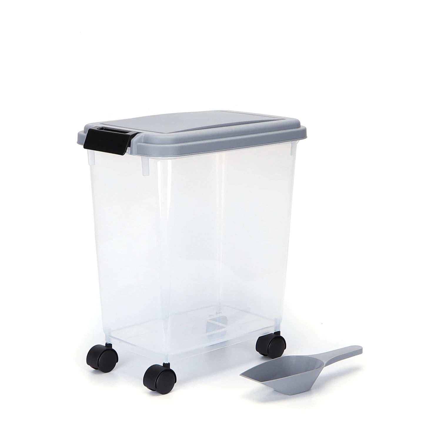 Nobleza 20/30/40L Contenedor pienso con ruedas，Contenedor de Comida para Mascotas, Mascotas Caja de Alimentos con Ruedas Contenedor, Tapa abatible, hermética, Transparente, Ruedas y Pala, para Comida para Perros y Gatos, Gris