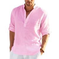 Nueva camiseta de manga larga de lino para hombre, camisa informal holgada de Color sólido, camisa de lino de algodón de manga larga - details 4