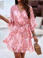 Vestido A-Line De Pierna Larga Para Mujer Con Estampado Floral Elegante Cuello V Manga Corta Estilo Casual Vestido De Verano Primavera - details 8
