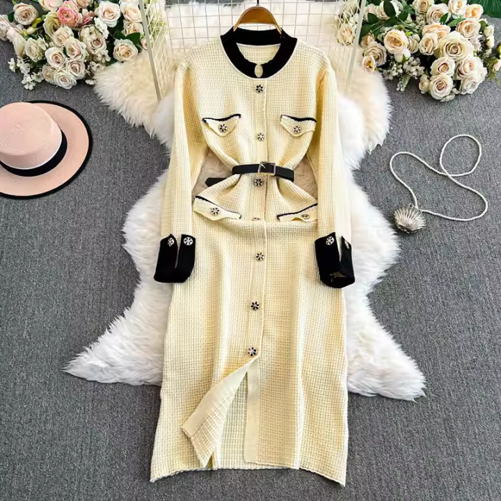 Vestido Tweed Casual Para Mujer EVNISI Con Cinturón Y Cuello O Largo Manga A-Line Chic Para Oficina Primavera Vestido De Fiesta - 1