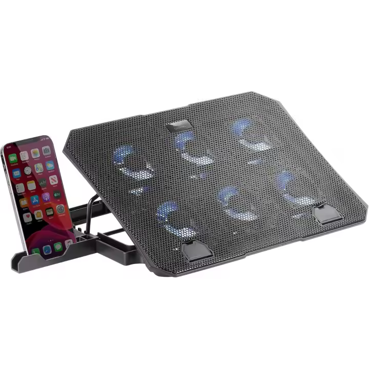 , Base Refrigeradora y Stand 16”, 6 x Ventiladores Controlables con LED Azul, Stand 6 Posiciones, Soporte Smartphone, 2 USB 2.0, Negro - 1