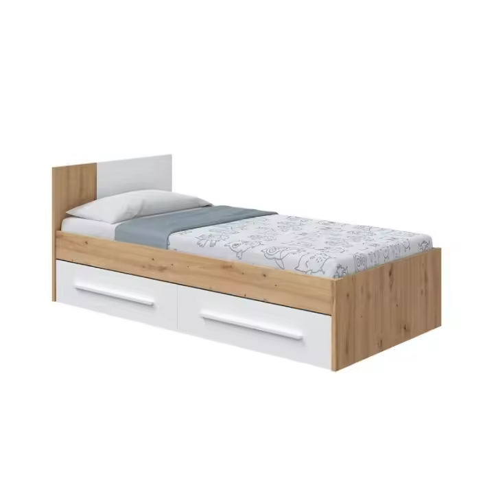Meimon NOA Cama individual de 190x90 cm con cabezal, 2 cajones inferiores con ruedas ocultas, tiradores ABS en blanco, soportes metálicos para somier (no incluido), estructura en melamina E1, acabado en Roble Nodi y Blanco Artik - 1