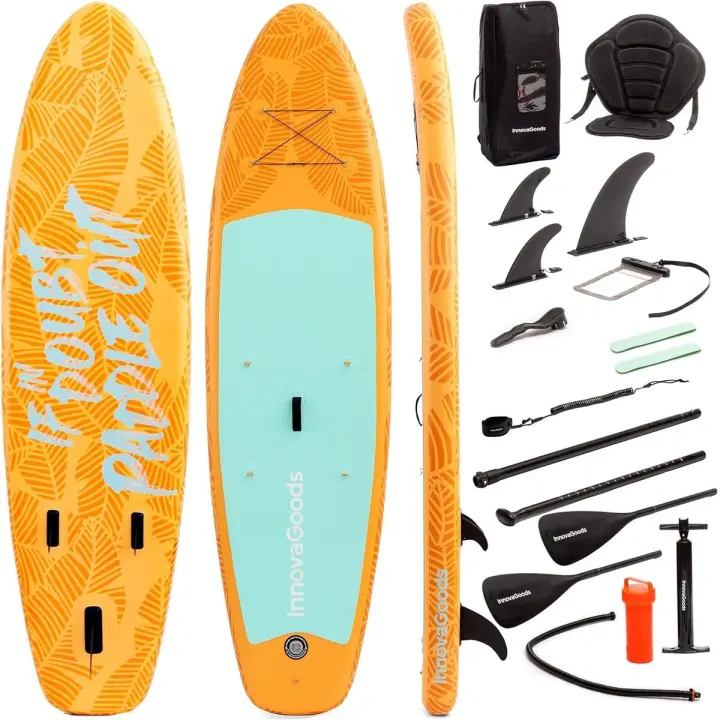 InnovaGoods® Tabla Paddle Surf Hinchable, Paddle Surf 10,5" Superficie Antideslizante, Padel Surf Hinchable con Remo Desmontable, Tabla Paddle Surf con Kit Especial de Accesorios y Silla Desmontable - 1