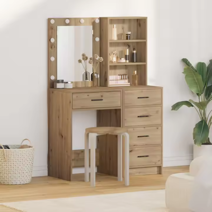 Set de tocador de 2 piezas con LED de vidaXL en madera de roble artesanal - 1