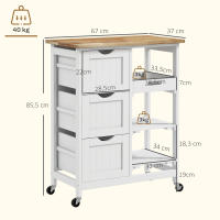 HOMCOM Carro de Cocina, Carrito Auxiliar con Ruedas, Tablero de Madera, 3 Cajones, 2 Estantes Abiertos y Bandeja Extraíble, para Comedor Salón, 67x37x85,5 cm, Blanco - details 2