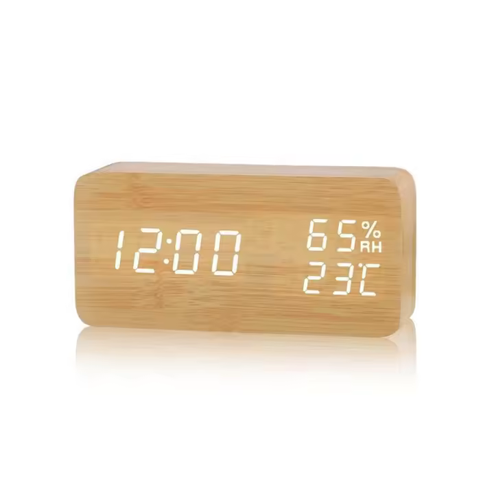 PORCHEDDU Reloj de Alarma de Madera, Reloj digital LED fechas temperature humedad Pantalla-Bambú rectángulo - 1