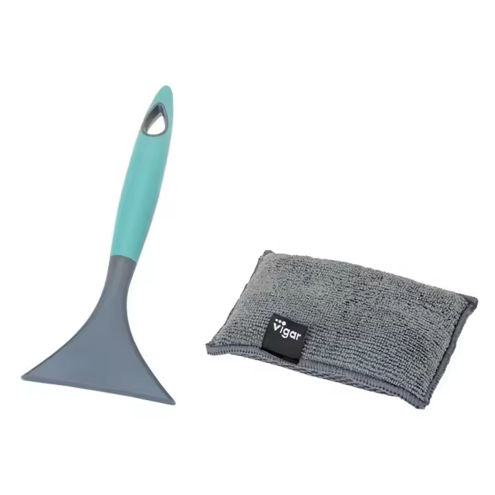 Vigar - Set Rasqueta Vitroceramica Y Esponja Microfibra Doble Uso Hergo - Limpia Sin Rayar Superficies Delicadas - Esponja de Microfibra de Alta Calidad - Mango Ergonómico - Rasqueta para Eliminar la Suciedad mas Incrustada - 1