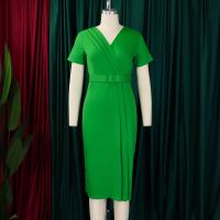 Vestido Elegante Para Oficina Para Mujer Con Cuello En V Manga Corta Cinturón Ajustado Recto Midi Formal Ropa De Negocios Para Mujer - details 2