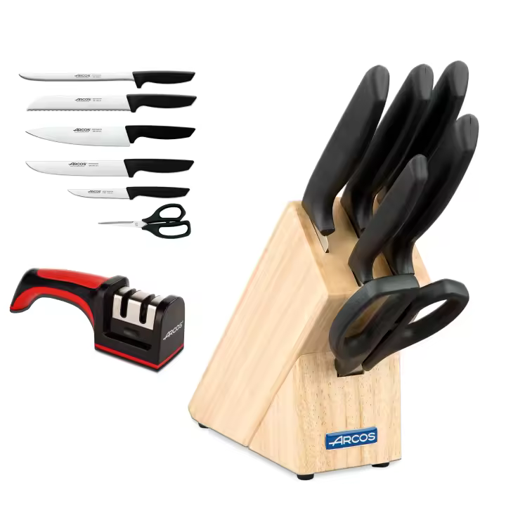 Arcos Tacoma Cuchillos Juego Cuchillos Cocina y Afilador  Cuchillos Cocina Profesional  7 pzas  Cuchillos Acero Inoxidable Taco Madera  Serie Niza  Uso Cotidiano  Apto lavavajillas - 1