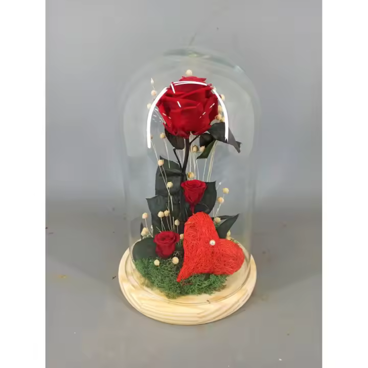 Cúpula de Cristal con Rosa Preservada y Rosas Pequeñas para San Valentín - 1