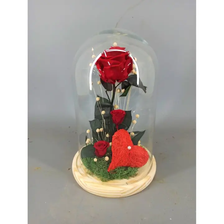 Cúpula de Cristal con Rosa Preservada y Rosas Pequeñas para San Valentín - 1
