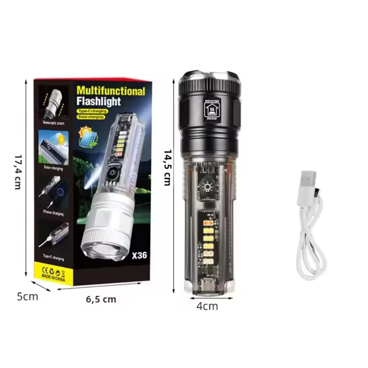 Linterna LED Recargable Solar USB Torcha Potente Con Foco Fuerte Y Alcance Largo Para Emergencias Y Uso Exterior Luz De Advertencia Resistente Al Agua Con Función De Autodefensa Y Power Bank - 1