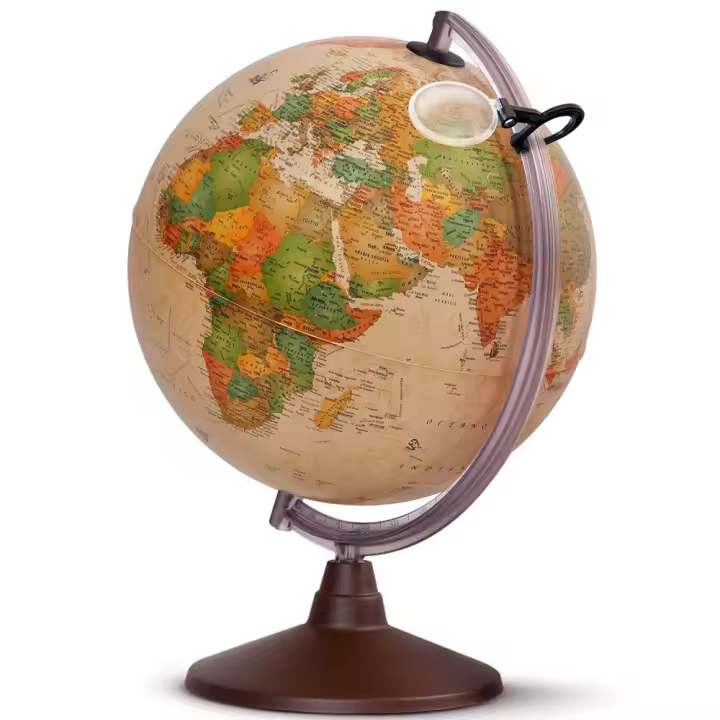 Globo Terráqueo Nova Rico "MARCO POLO" en tonos sepia estilo antiguo 26 cm de diámetro con lupa - Luz led interior 18W - con cartografía física y política, la física es visible cuando está apagada al encenderse aparece la política - base de pástico - 1
