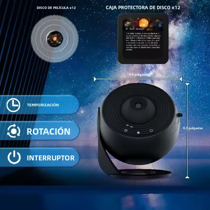 Proyector De Noche Estelar Galaxia Planetas Con 12 Discos De Película Rotación 360° Decoración Para Habitación De Niños Planetario Incluye Luz LED Fuente De Alimentación DC 5V - 1