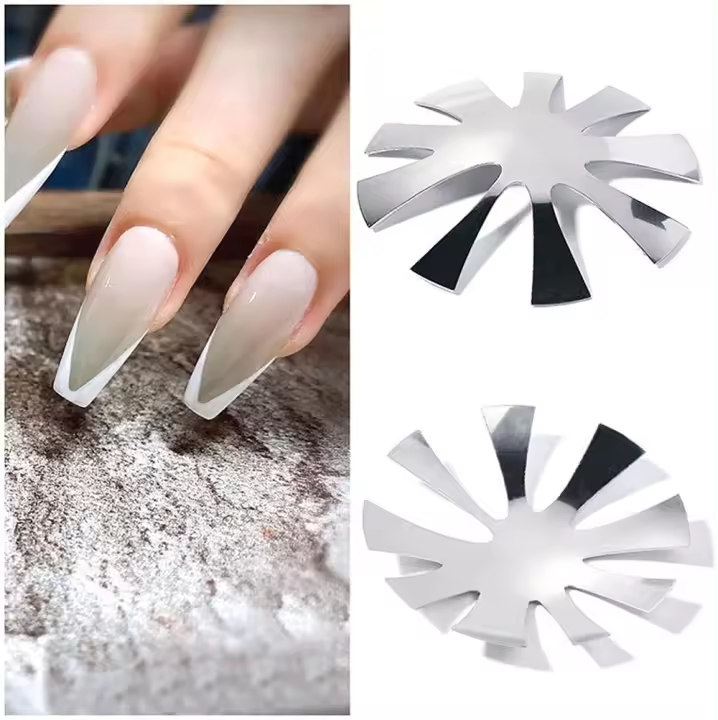 Puntas para cortar líneas de sonrisa francesa, plantillas para cortar bordes en forma de C de acero inoxidable para manicura, kit de 2 herramientas acrílicas para decoración de uñas con forma de almendra - 1