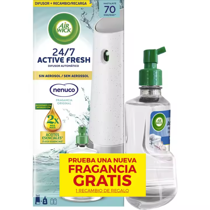 AIR WICK Ambientador Difusor Automático Active Fresh Nenuco 24/7 Sin Aerosol - Aparato + Recambio + 1 Recambio de Regalo - 1