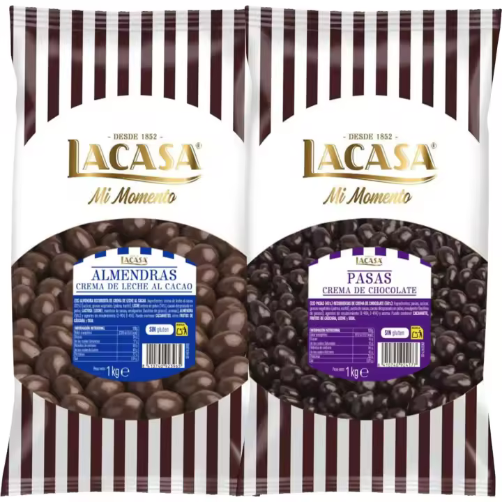 Lacasa Mi momento Pack 2 kg: deliciosas bolas de  Pasas de Corinto con chocolate Negro y  Almendra con chocolate con Leche - 1
