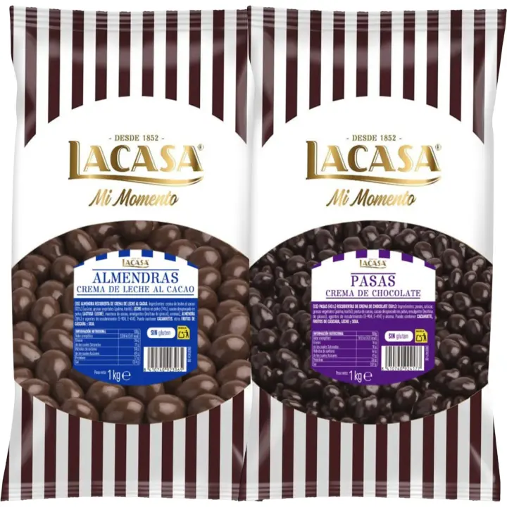 Lacasa Mi momento Pack 2 kg: deliciosas bolas de  Pasas de Corinto con chocolate Negro y  Almendra con chocolate con Leche - 1