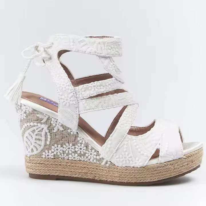Mandarina Kelly - Sandalias de Cuña Blancas con Cordones y Detalles Elegantes - 1