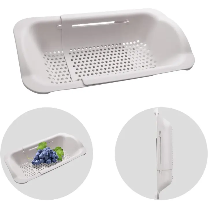 Cesta de drenaje de cocina, estante de drenaje de fregadero de plástico retráctil, cesta de drenaje de fregadero de hogar para almacenamiento y lavado de frutas verduras (blanco) - 1