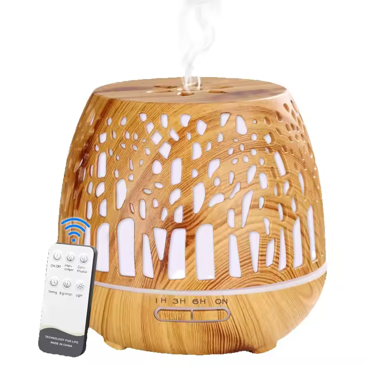 Humidificador Ultrasónico y Difusor de Aroma 400ml, atomizador de Fragancia ultrasónico LED con Control Remoto-Bosque Tallado, MarrónClaro - 1