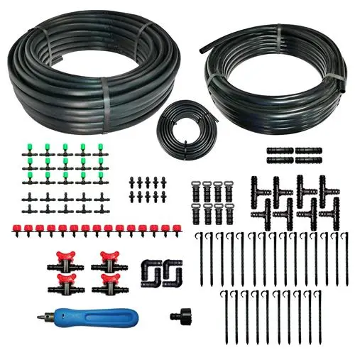 DRIPALIA - Kit riego a goteo: 50m tubería 16 c/goteros 4L a 33 cm + 25m sin gotero +15 m microtubo+15 goteros + 89 accesorios+1 sacabocados - 1