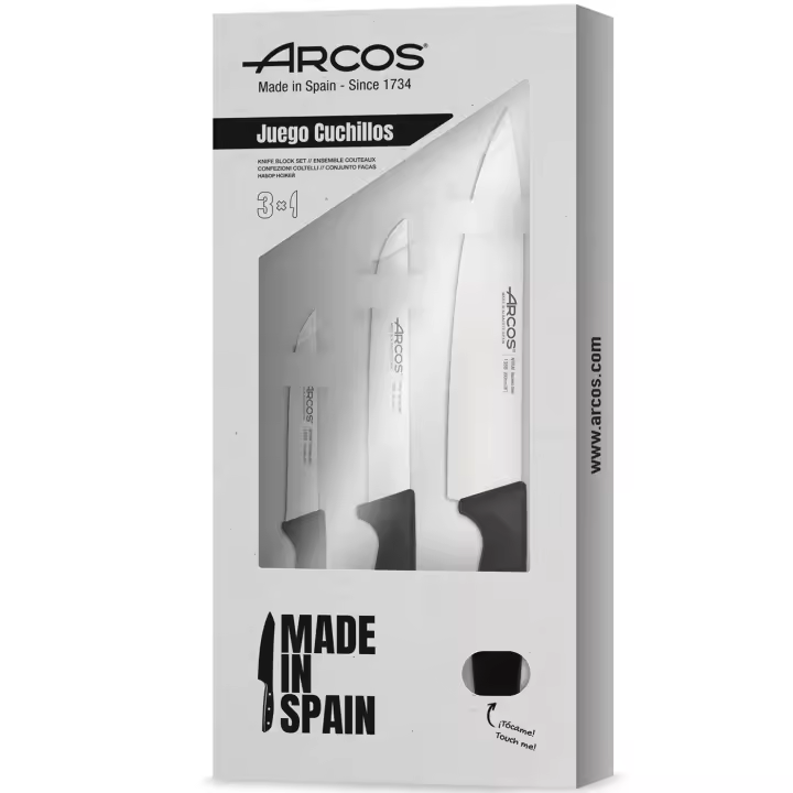 ARCOS Niza - Set de 3 Cuchillos de Cocina (110, 150 & 200 mm) - Hoja de Acero Inoxidable Nitrum® - Mangos Negros de Polipropileno (PP) - Estuche Regalo - 818000 - 1