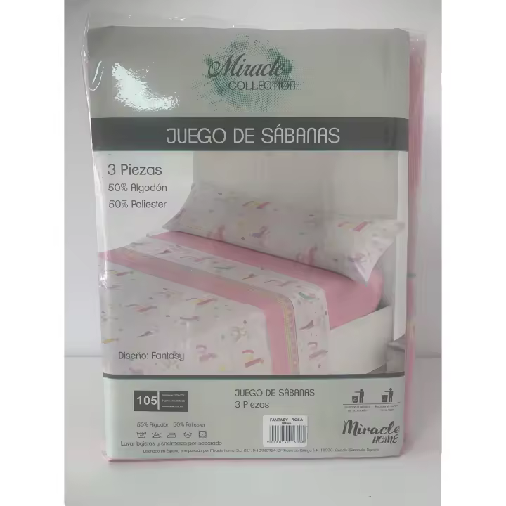 HIPERMANTA. Juego de sábanas INFANTIL/JUVENIL para CAMA 105 cm modelo FANTASY ROSA. 3 piezas (BAJERA + ENCIMERA + ALMOHADA). 50% ALGODÓN / 50% POLIÉSTER - 1