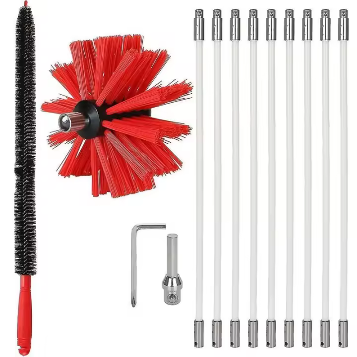 Kit Profesional Deshollinador De Chimeneas 3,6m - Cepillo Limpieza Chimeneas De Nylon Ajustable 100mm - Conductos 9 Varillas - 1