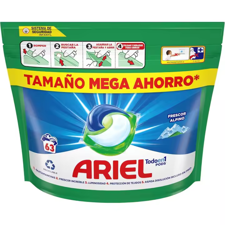 Ariel | Todo En Uno Pods, Detergente Líquido Para Lavadora,  Frescor De Los Alpes, Increíble Poder Quitamanchas Desde El Primer Lavado, Incluso En Frío, 63 Lavados - 1