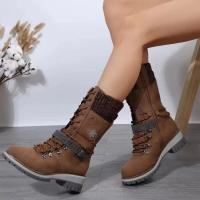 Botas De Media Caña Para Mujer Invierno 2024 Zapatos Casuales Con Cierre De Cremallera Tacón Cuadrado Plataforma Mediana Botas Exteriores Resistentes Al Agua - details 5
