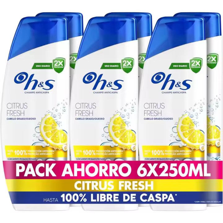 H&S Champú Suave y  liso,  aceite de coco hidratación profunda, Citrus fresh, Manzana fresca y Classic - Pack Ahorro 6 Botes de 250 ml - Refuerza tu Cabello y Nutre tu Cuero Cabelludo - 1