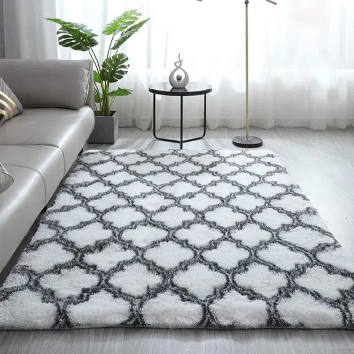 Alfombra Shaggy De Salón 160x200cm Blanca con Estampado - Alfombra De Noche Alfombra De Pelo Largo Alfombra Suave para Salón Dormitorio Sofá - 1
