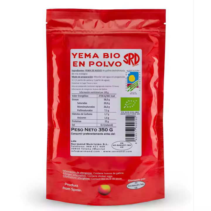 SERMAND Yema de Huevo en Polvo Ecológica (350 g)  Yemas de Huevo en Polvo Ecológicas  Huevos Pasteurizados  Sin Aditivos  Productos Sin Lactosa  Presentación en Bolsa al Vacío - 1