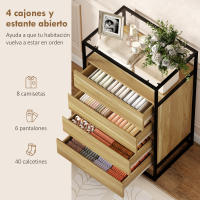 HOMCOM Cómoda 4 Cajones, Cómoda Dormitorio con Superficie de Vidrio Templado, Estante Abierto, Estructura de Acero, Cajonera para Salón, Oficina, 60x40x94,5 cm, Teca - details 3