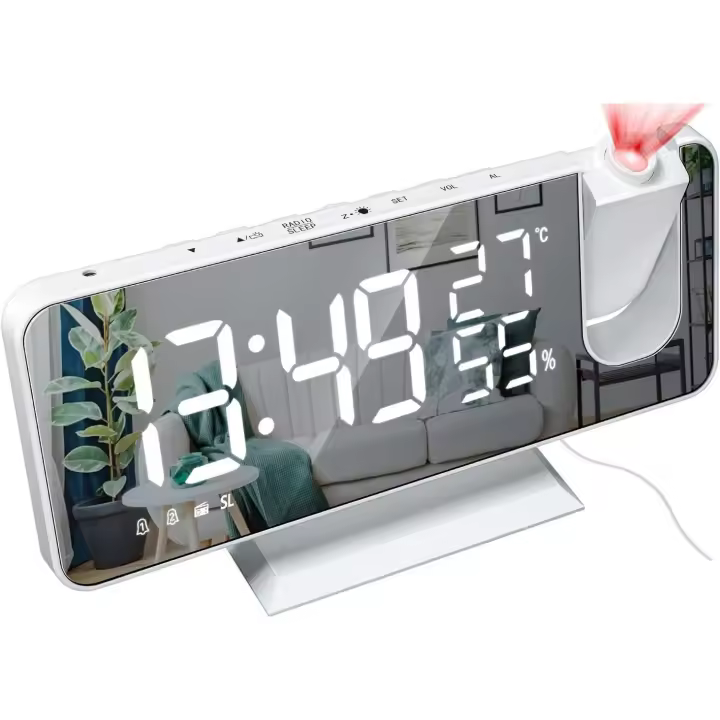 Radio Proyección Despertador LED Pantalla Grande Temperatura y Humedad Reloj Electrónico para Dormitorio Cocina Regalo - Concha Blanca Digital Blanco - 1