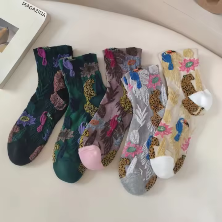 Calcetines Casuales Para Mujer 5 Pares Estilo Callejero Con Dibujos De Animales Y Flores Comodidad Invierno Otoño Calcetines Para El Hogar - 1