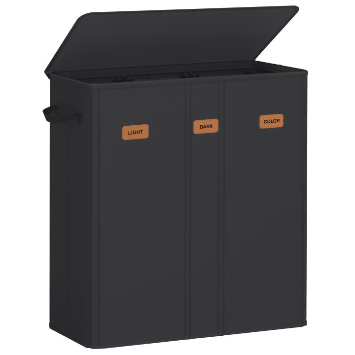 SONGMICS Cesto de Ropa Sucia con 3 Compartimentos, 160 L, Tapa, 5 Etiquetas, Bolsa Interior Extraíble y Lavable, Lavadero, Negro Tinta/Gris Oscuro