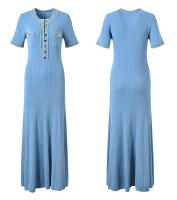 Vestido Maxi De Punto Elegante Para Mujer Con Cuello Redondo Y Manga Corta Botones Metálicos Ajustado Para Oficina Y Viajes - details 12