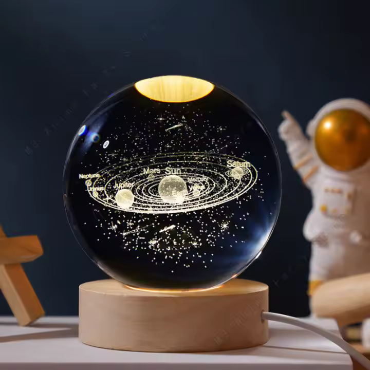 Lámpara De Noche En Cristal 3D LED Lámpara De Mesa Para Cama Regalo De Cumpleaños Para Niños Galaxia Saturno Planetas Luna 5cm - 1