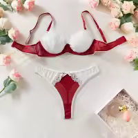Lencería Sexy De Contraste Negro Y Blanco Conjunto De 2 Piezas Translúcido Con Bordado En Forma De Corazón Y Lazo Sujetador Y Brief Para Mujer - details 22